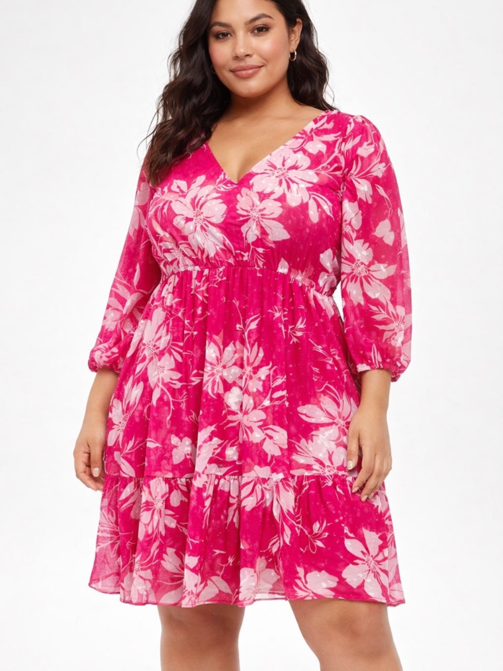 torrid Hot Pink Floral V-Neck Tiered Dress - Picture 1 of 4